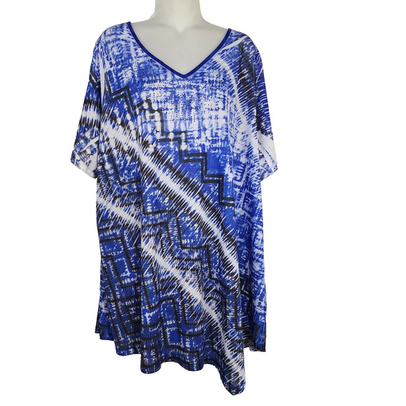 Catherines Womens Tunic Top 1X V Neck Short Sleeve Blue Printed Beaded Strappy - Picture 1 of 10
